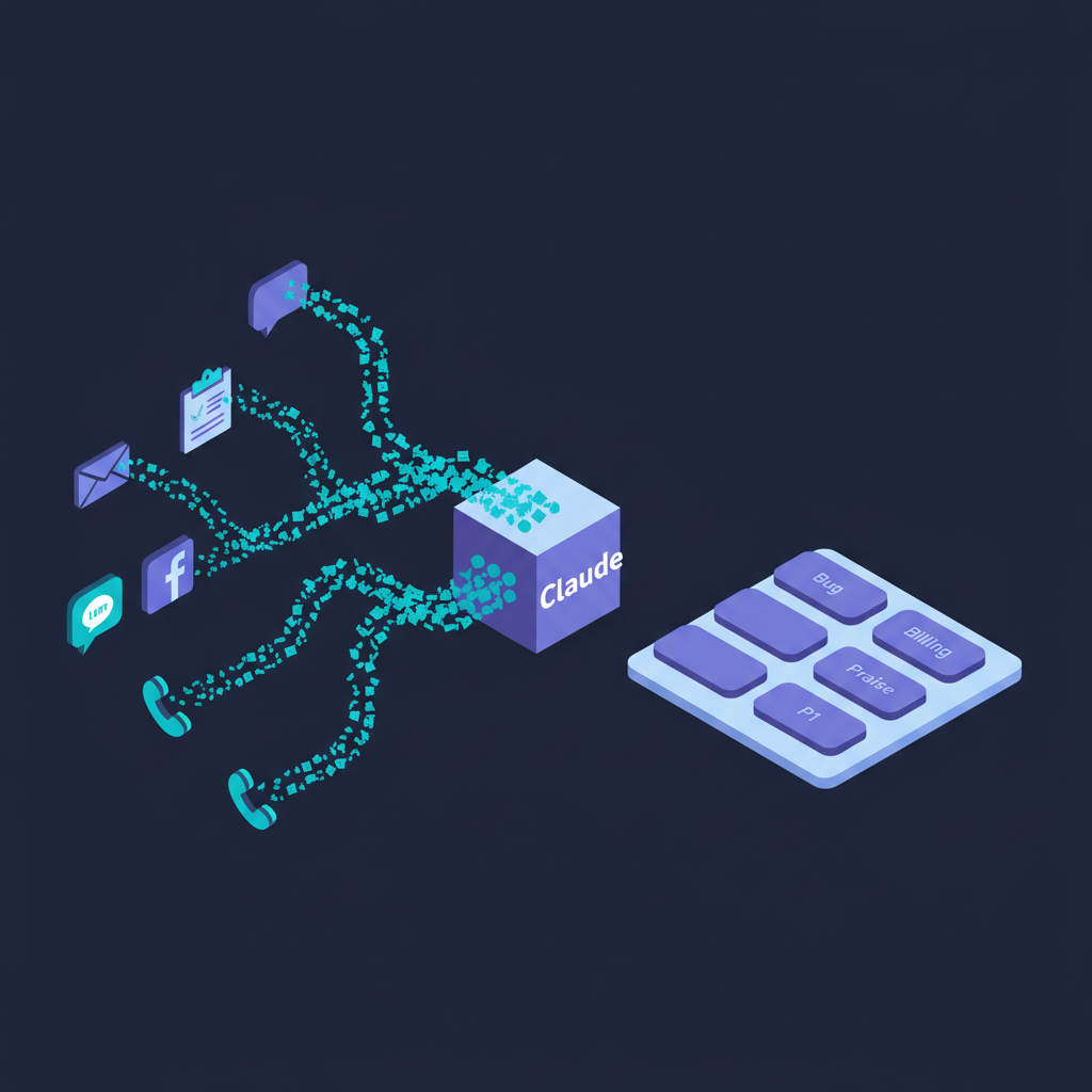 Isometric illustration: messages from 6 channels flowing into Claude and emerging as cleanly categorised tags