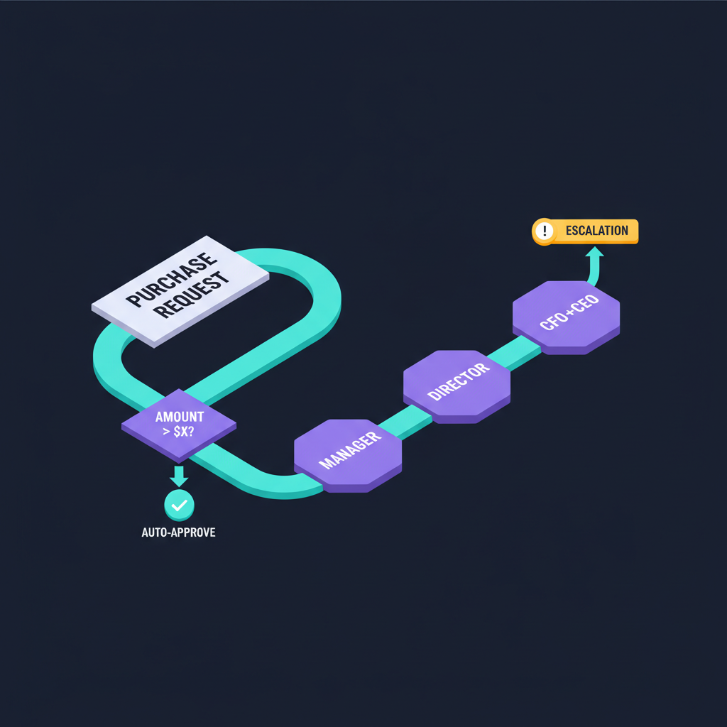 Isometric illustration: a Purchase Request flowing through a decision gateway, branching to auto-approve or escalating up Manager → Director → CFO