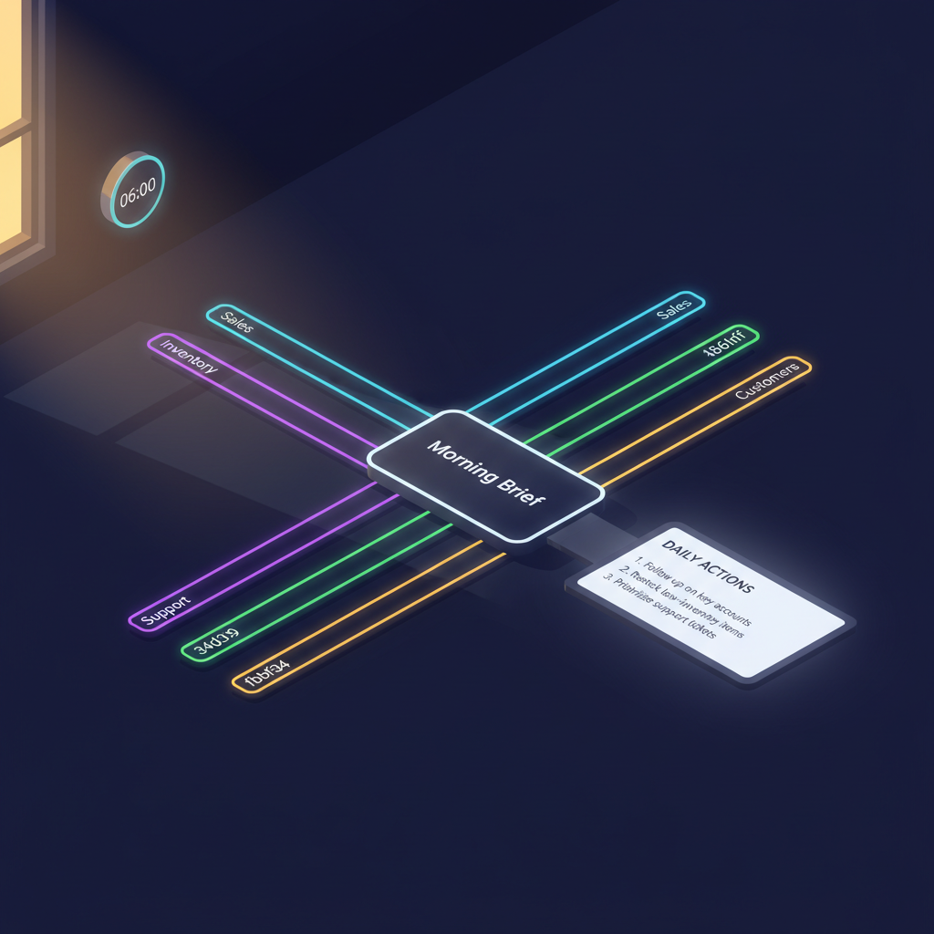 Isometric illustration: four data streams (Sales, Inventory, Support, Customers) converging into a Morning Brief at 6:00 AM, emerging as a single report with action items