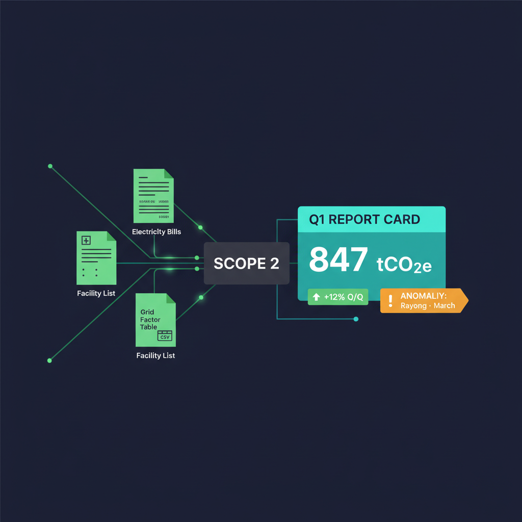 Isometric illustration: three input documents (utility bills, facility list, grid factor table) feeding into a Scope 2 processing box, emerging as a Q1 report card showing 847 tCO2e with a quarter-over-quarter delta chip and an amber anomaly chip