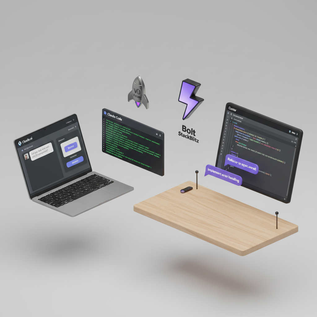 Isometric illustration: five AI development tools floating above a workshop bench — laptop showing Claude.ai Artifacts, a terminal for Claude Code, a rocket badge for v0, a lightning bolt for Bolt, and a code editor for Cursor