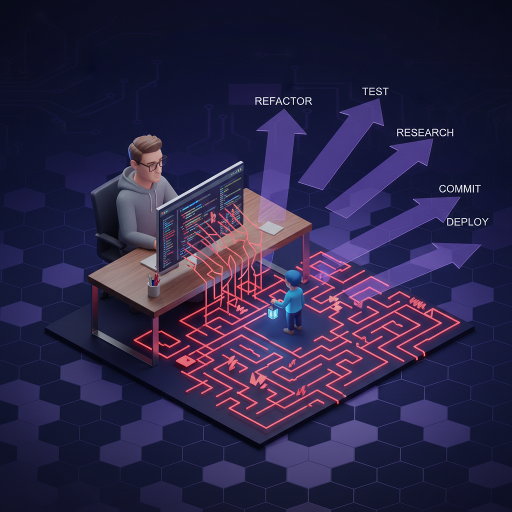 Isometric illustration: a developer at a desk looks down at a red maze of error messages, with six purple recovery arrows fanning upward in different directions — representing the 6 recovery prompt patterns
