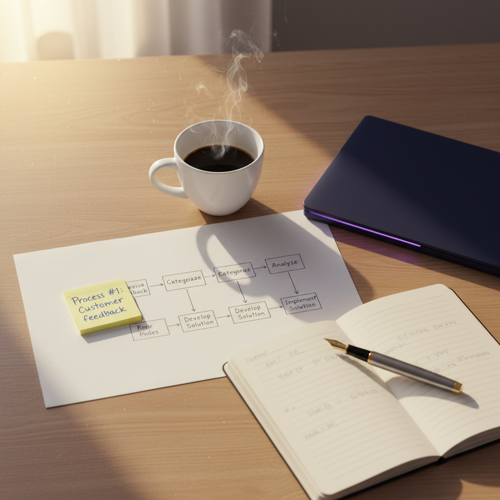 A tidy Bangkok small-business desk on Monday morning: steaming coffee, a printed BPMN diagram with 5 boxes, a yellow Post-It reading Process #1, a closed laptop with violet glow, a fountain pen on an open notebook